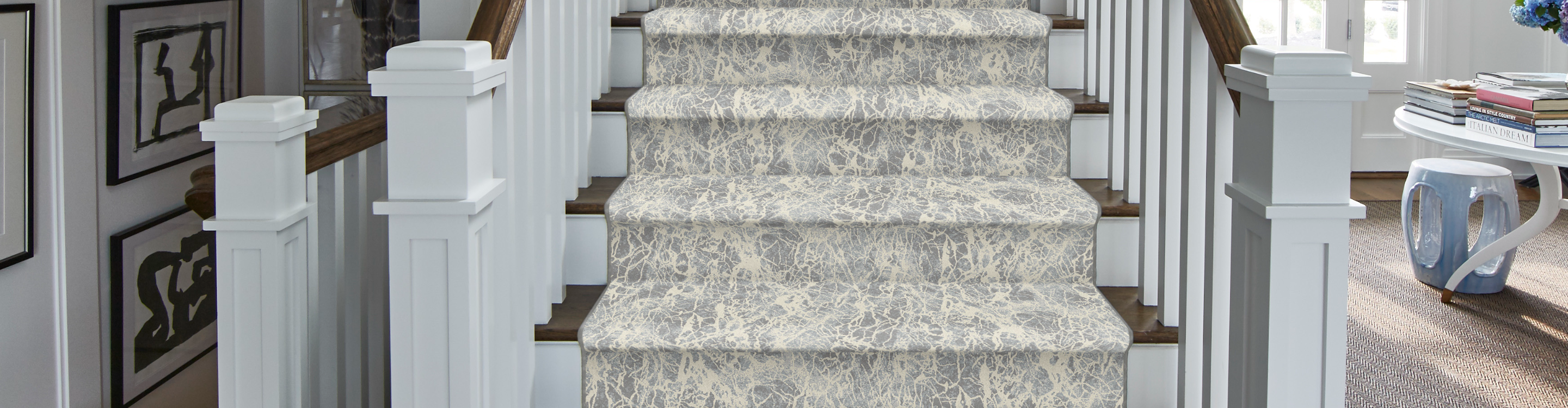 patterned stair runners on steps in living room